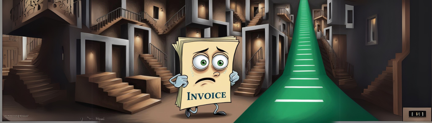 A visual of "Invoice" as a personified document wandering through a maze of disconnected rooms and staircases leading to nowhere, symbolising the fragmented processes. Include a contrasting image of a clear, streamlined path representing efficient process redesign.