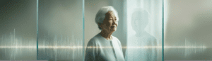 A serene image of an elderly individual standing behind a transparent glass wall, their silhouette blending with faint lines of digital code symbolising AI. The expression on their face is contemplative, capturing the paradox of freedom within confinement.