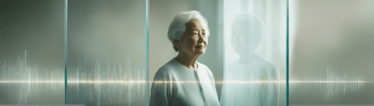 A serene image of an elderly individual standing behind a transparent glass wall, their silhouette blending with faint lines of digital code symbolising AI. The expression on their face is contemplative, capturing the paradox of freedom within confinement.