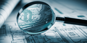 Concept: A visual representation of digging deeper into processes or challenges. The magnifying glass zooms in on intricate details of the blueprint, symbolising analysis and uncovering hidden insights. Mood: Curious, precise, investigative.