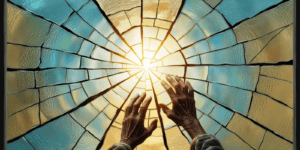 Breaking the Glass Cage
A symbolic image of a cracked glass wall, with vibrant beams of light shining through the cracks. In front of the glass, an elderly person is reaching out, symbolising hope, freedom, and the potential to break free from restrictive AI systems.