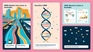 Applications in Australia: A collage showcasing HMM use cases in traffic modelling, genetic research, and fraud detection.