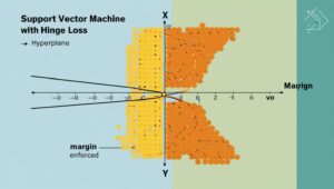 Support Vector Machine with Hinge Loss: A diagram illustrating a hyperplane separating two classes with margin enforcement.